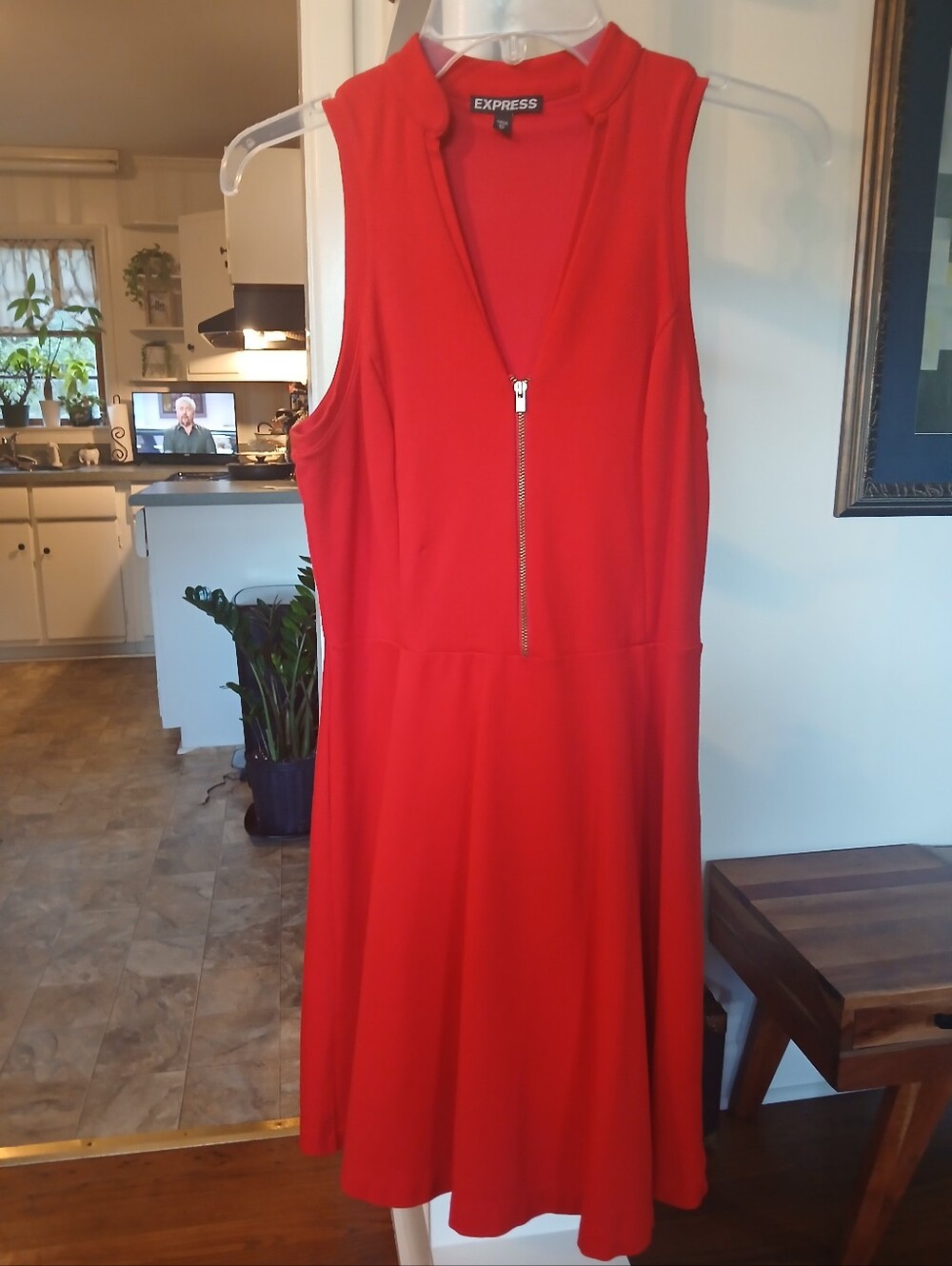 Express Red Sleeveless V-Neck Midi Dress with Front Zip